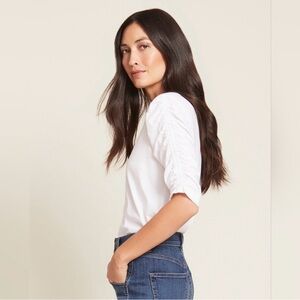 Veronica Beard Waldorf T-Shirt in White Ruched Sleeves Cotton